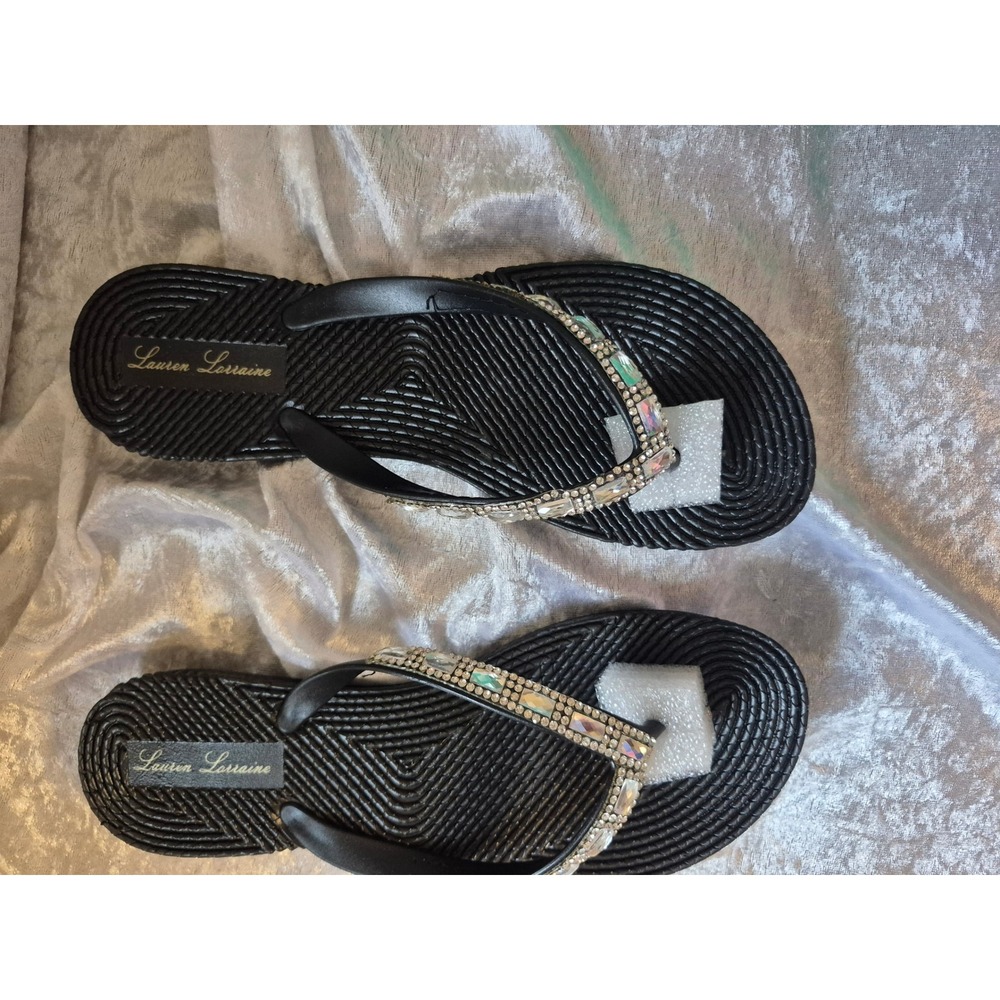 Lauren Lorraine Gigi Black Embellished Jewel‎ Thong Sandals Size 6 NEW